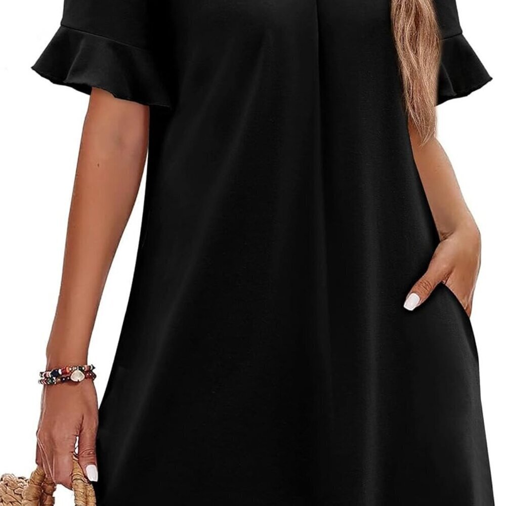 Summer Women's Dress Ruffle Short Sleeve V Neck Casual Shift Pockets